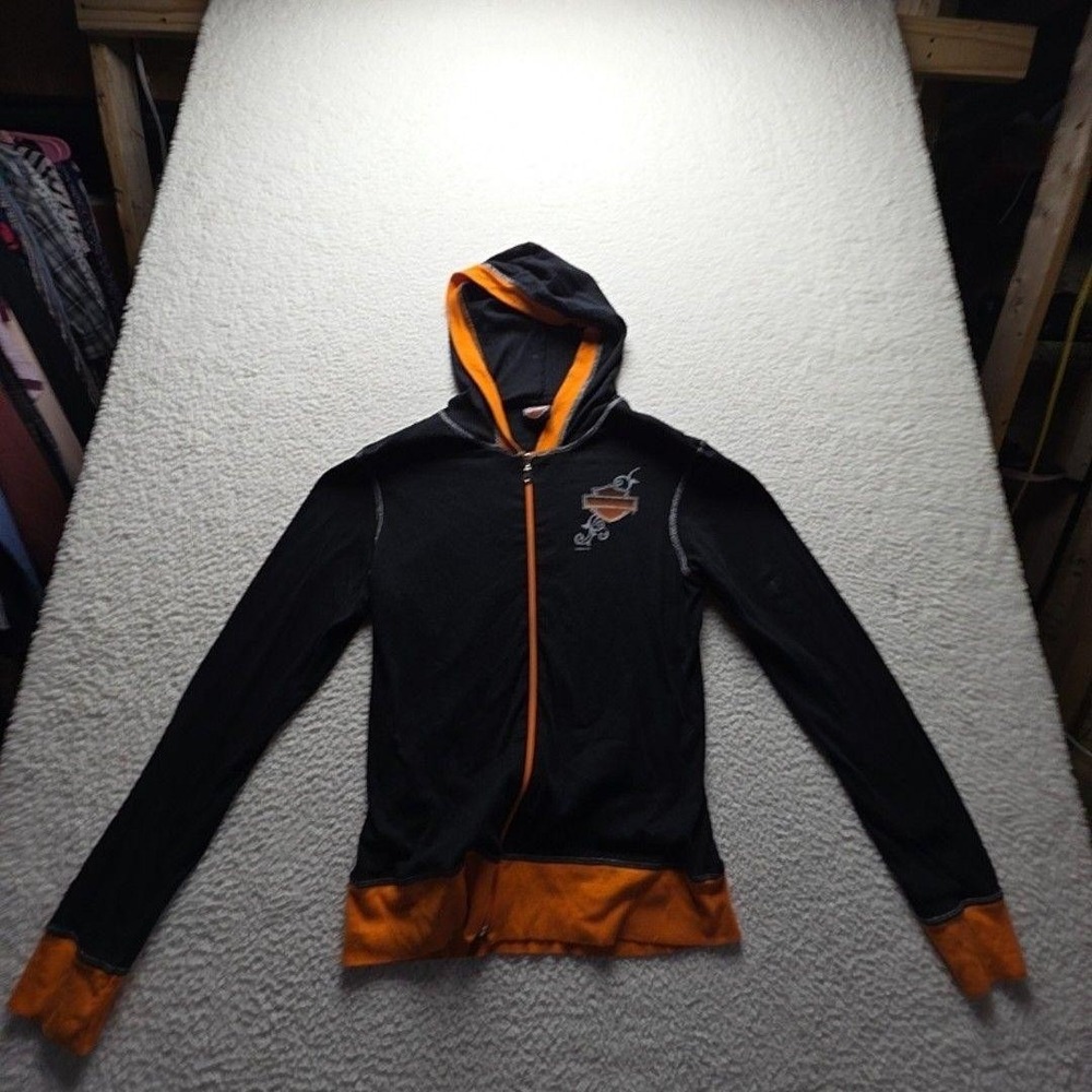 Vintage Harley-Davidson Hoodie Mens Medium Black Orange Full Zip Manatee River